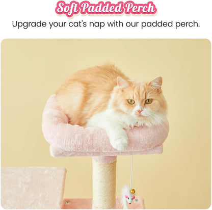 MWPO 63.8-Inch Pink Cat Tree for Indoor Cats, Multi-Level Cat Tower with Sisal-Covered Scratching Posts, Padded Platform, Hammock, Dangling Toys, Stable Cat Condo Pet Play House
