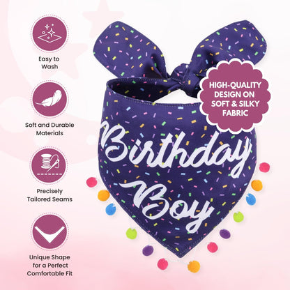 LunaMarie - Luxury Pet Birthday Bandanas -Premium & Silky Poly Fabric | 100% Handmade | Custom Shape Dual Layered (Birthday Boy, X-Small)