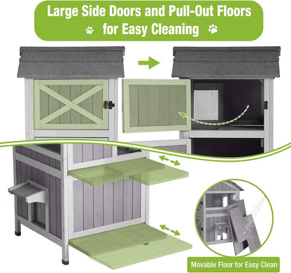 GUTINNEEN Outdoor Cat House Weatherproof Feral Cat Shelter with Escape Doors - 2-Story（AIR94）