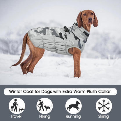 FUAMEY Dog Coat for Large Dogs,Waterproof Dog Winter Jacket with Harness Built in Puppy Cold Weather Coats Reflective Pet Vest with Zipper Warm Fleece Dogs Snowsuit Windproof Grey Camo XL