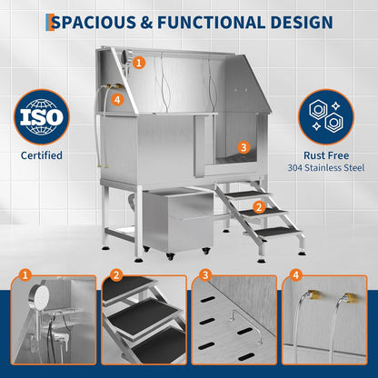 50" Stainless Steel Professional Dog Washing Station - Pet Bathing Tub w/Non-Slip Stairs & Storage Shelf | Slip-Resistant Floor Grate | for Large/Medium/Small Dogs