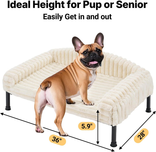 Veehoo Elevated Dog Bed with Bolster Cushion, Fluffy Plush Dog Couch Beds for Small Dogs, Cats, Washable Raised Pet Cot with Non-Slip Feet for Indoor or Patios Use, 36 x 28 Inches, White