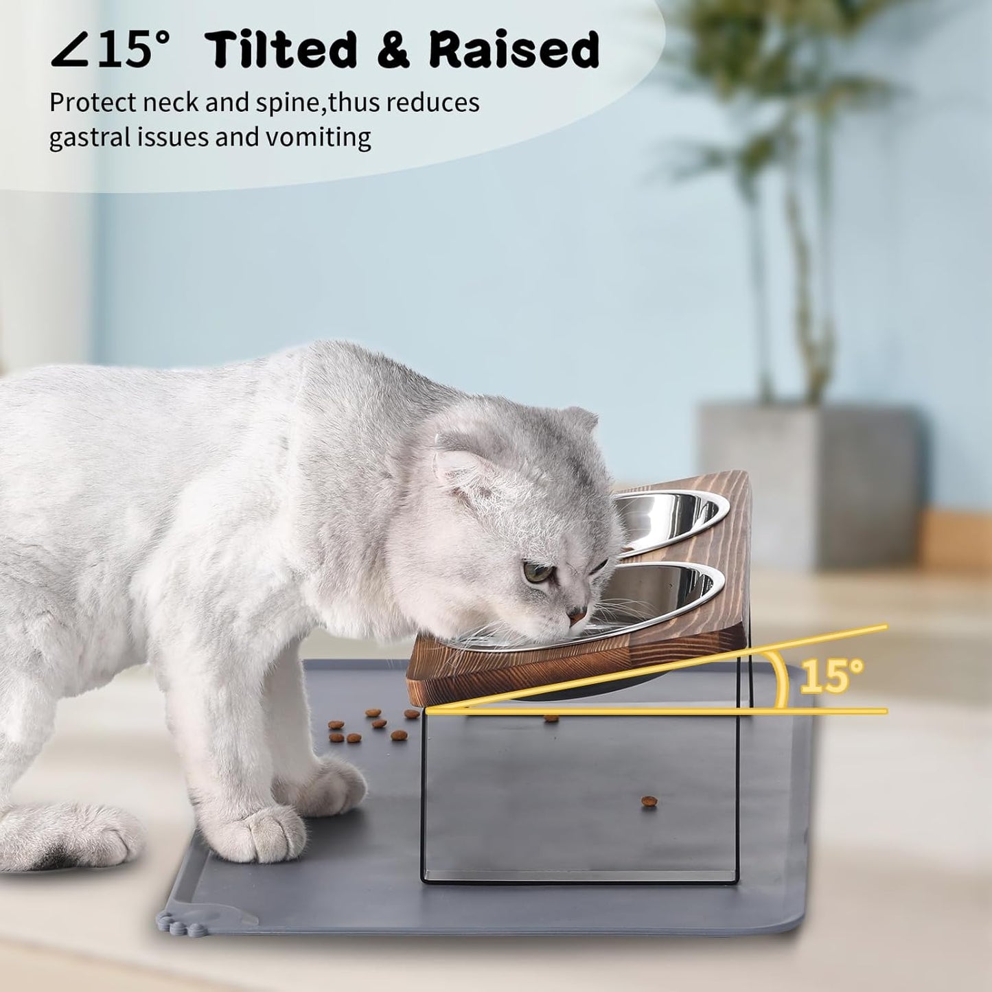 Upgraded Elevated Cat Bowls with Food Mat,15°Tilted Stand Anti Vomiting Raised Cat Dishes for Food and Water,2 Stainless Steel Bowls for Cats and Puppy（Rustic Brown）