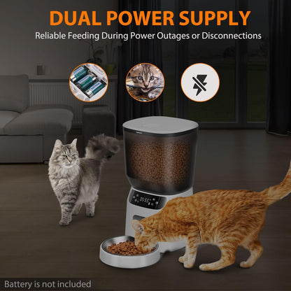 Automatic Cat Feeder, Cat Food Dispenser with Stainless Steel Bowl, Timed Portion Control 20 Portions 6 Meals Per Day, Voice Recorder, Dual Power Supply for Small Dogs (White)