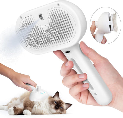 Cat Steam Brush, 3 In 1 Steamy Cat Brush with Release Button and Tank, Anti-Static Pet Spray Hair Removal Comb, Rechargeable Dog Steam Comb for Furry Pet