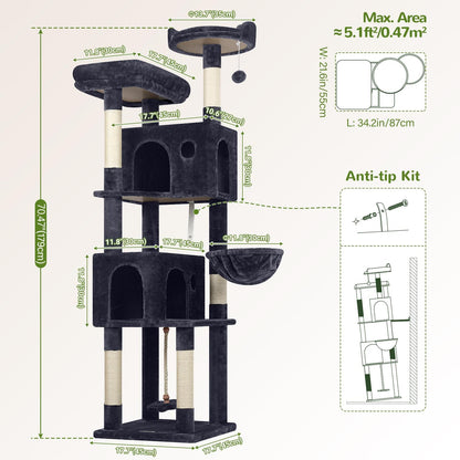 Globlazer Cat Tree, 70 inch Tall Scratching Tower Multi-Level Cat Condo for Indoor Multiple Cats with 2 Large Cat Caves, Top Perch, Large Platform, Bottom Swing, F70B, Dark Grey