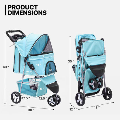 MoNiBloom 3 Wheels Pet Dog Cat Stroller for Small Medium Dogs Cats, Lightweight Foldable Jogger Stroller w/Storage Basket and Cup Holder, Mint Green - Pawvie