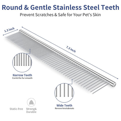 5 in 1 Dog Grooming Kit - Self-Cleaning Slicker Brush for Shedding Short Long Haired Dogs & Cats, Includes Pet Comb, Flea Comb, Bath Brush, Undercoat Rake - Complete Fur Care Set - Gray