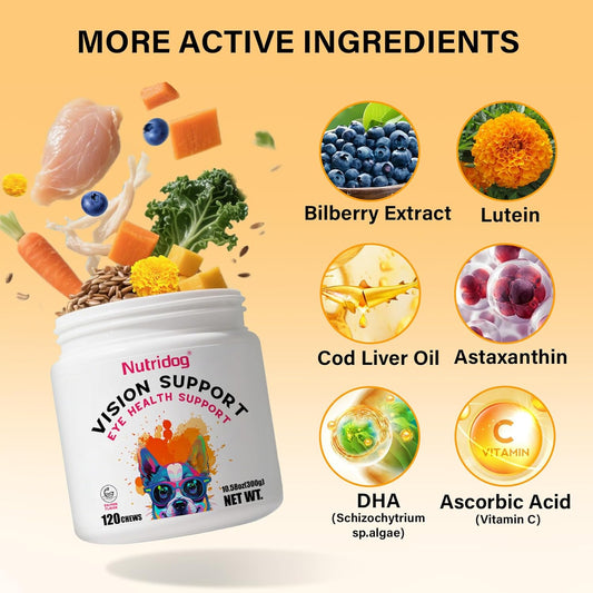 Eye Supplements for Dogs - Vision Support Soft Chews with Lutein, DHA & Vitamin C | 120ct Salmon Flavor Tear Stain Chews | Cataract & Dry Eye Relief Supplement (120 Ct, Salmon)