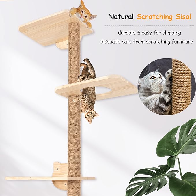 Cat Tree Wall Mounted,Tall Scratching Post for Indoor Cats Climbing Tower Activity Wood Cat Wall Furniture(Wood)