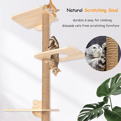 Cat Tree Wall Mounted,Tall Scratching Post for Indoor Cats Climbing Tower Activity Wood Cat Wall Furniture(Wood)