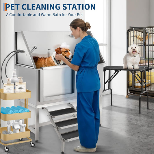Stainless Steel Dog Washing Station - Dog Bath Tub for Large, Medium, Small Dogs, Pet Grooming Tub with Ramp, Non-Slip Grate, Shower, Soap Box, Faucet, Drain for Home & Outdoor (Left RAMP, 62")