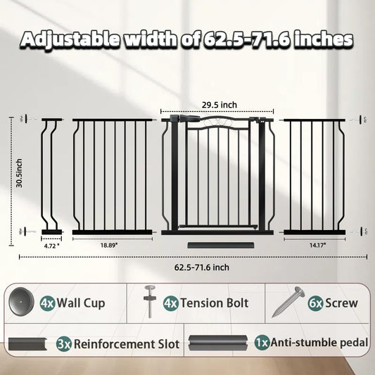 62.5"-71.6" Extra Wide Baby Gate for Doorways No Drill, Pressure Mounted Dog Gate Indoor, Walk Thru Pet Gate for Cat Dog Child,Pet Gates for The House Doorway Black