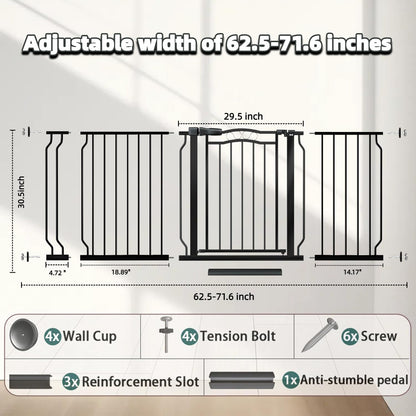 62.5"-71.6" Extra Wide Baby Gate for Doorways No Drill, Pressure Mounted Dog Gate Indoor, Walk Thru Pet Gate for Cat Dog Child,Pet Gates for The House Doorway Black
