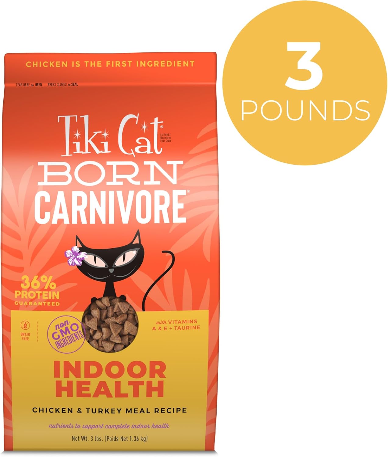 Tiki Cat Born Carnivore High Protein, Indoor Health, Chicken and Turkey Meal Recipe, Grain-Free Baked Kibble to Maximize Nutrients, Dry Cat Food, 3 lb. Bag