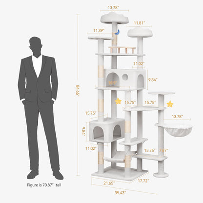 85in Tall Cat Tower for Heavy Duty Big Cats, Large Cat Tree with Scratching Post, Plush Perches, Cozy Cat Condos & Hanging Hammocks for Maine Coon, White