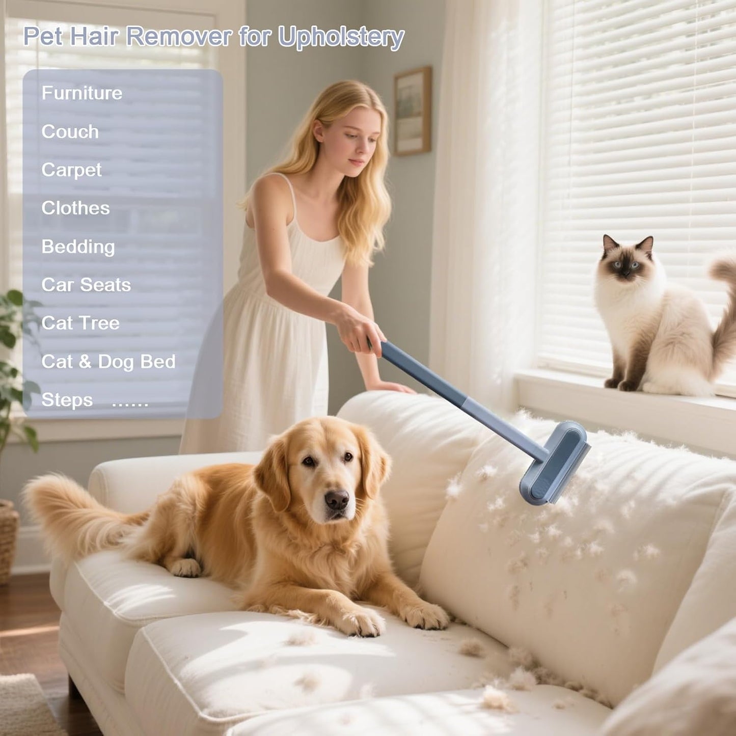 Pet Hair Remover for Furniture, Reusable Multifunctional Cat and Dog Hair Removal Tool, 17-Inch, Extra Long Handle, Gentle on Couch, Carpet, Clothes, Bedding, Tile, Car Seats