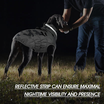 FUAMEY Dog Coat for Large Dogs,Waterproof Dog Winter Jacket with Harness Built in Puppy Cold Weather Coats Reflective Pet Vest with Zipper Warm Fleece Dogs Snowsuit Windproof Grey Camo L