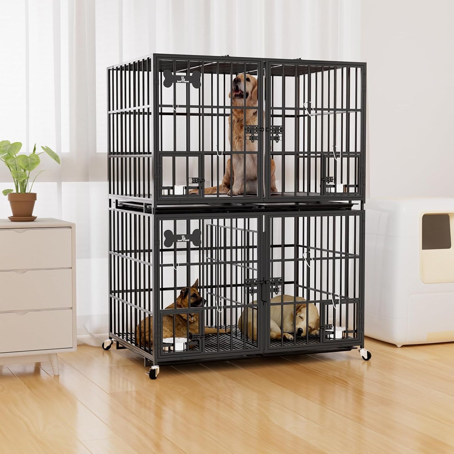 aboxoo 42 inch Stackable Heavy Duty Metal Dog Crate for 4 Dogs/Large Dog,All Metal Open Top Access,Escape Proof Cage,Dog Kennel Indoor with Wheels,Floor Grid, Tray, Divider and Feeding Bowl