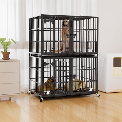 aboxoo 42 inch Stackable Heavy Duty Metal Dog Crate for 4 Dogs/Large Dog,All Metal Open Top Access,Escape Proof Cage,Dog Kennel Indoor with Wheels,Floor Grid, Tray, Divider and Feeding Bowl