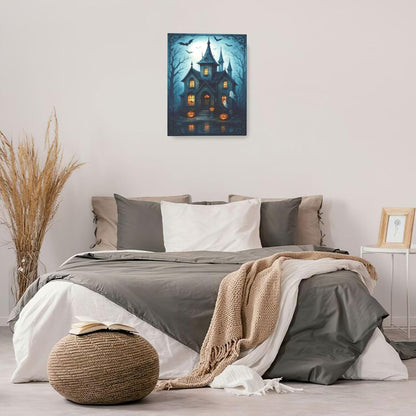 Halloween Gothic Wall Art Castle Pumpkin Ghost Bat Canvas Wall Decor Dark Academia Pictures Painting Print Framed Artwork Decorations Gifts for Halloween Living Room Bedroom Office 16"x20"