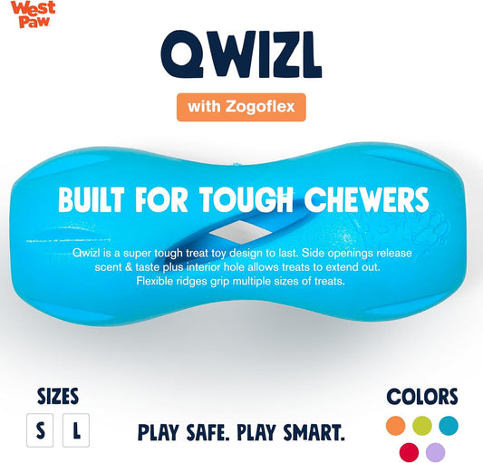 West Paw Zogoflex Qwizl Interactive Treat Dispensing Dog Puzzle Treat Toy for Dogs, 100% Guaranteed Tough, It Floats!, Made in USA, Large, Aqua Blue