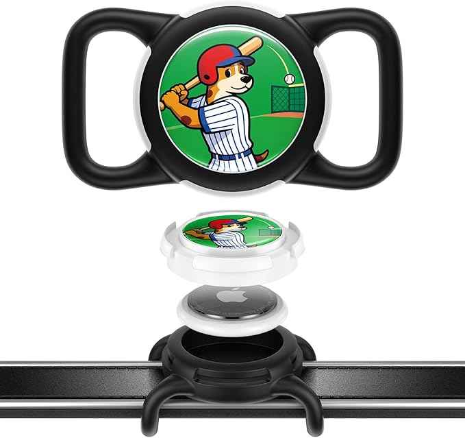 Dog AirTag Holder for Dog Collar, Soft Silicone Slide-On Case for Apple AirTag, No-Dangle Quiet Protective Holder with Eye-Catching Pet Character Designs, Black-Baseball All-Star