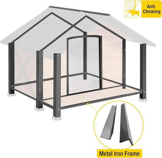 Aivituvin Dog House with Insulated Liner Outdoor All-Around Iron Frame Dog Kennel Outside with Overhang Roof Large Porch Weatherproof