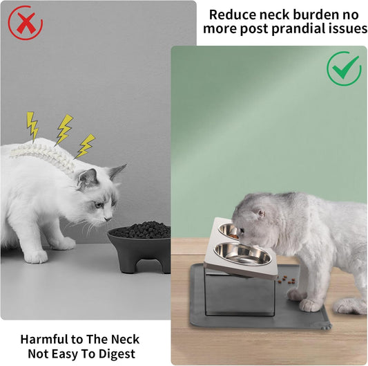 Upgraded Elevated Cat Bowls with Food Mat,15°Tilted Stand Anti Vomiting Raised Cat Dishes for Food and Water,2 Stainless Steel Bowls for Cats and PuppyďźGrayďź