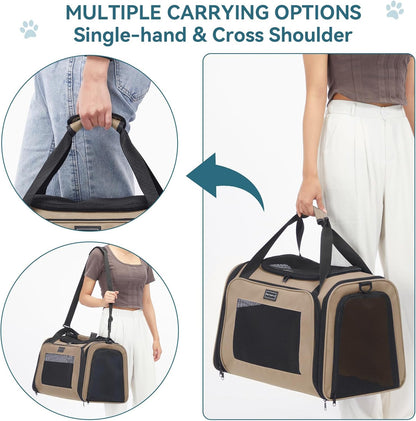 PETSFIT Dog Carrier Cat Carriers for Puppies, Medium Cats up to 25Lbs, Travel Soft Sided Pet Carrier (Large, Khaki)