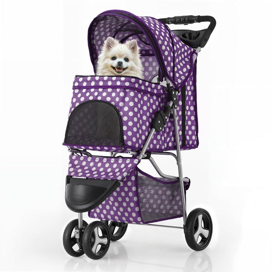 MoNiBloom 3 Wheels Pet Dog Cat Stroller for Small Medium Dogs Cats, Foldable Jogger Stroller w/Storage Basket and Cup Holder, Purple Polka Dots - Pawvie