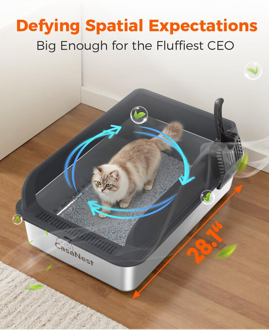 XXXL Stainless Steel Cat Litter Box 28.1''Ă20.5''Ă 10.1â Extra Large Metal Cat Litter Box for Big, Multi Cats, Anti-Leakage & Non-Stick Metal Pan, Easy to Clean, Durable (Black