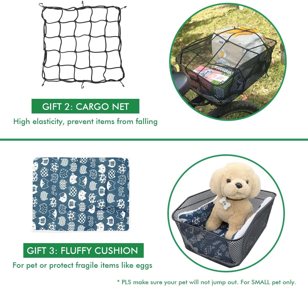 Rear Bike Basket, Tool-Free Install, Dog/Pet Carrier, Ebike Electric Bicycle Back Cargo Basket, Fits Most Rear Racks, with Waterproof Cover, Cargo Net - Pawvie