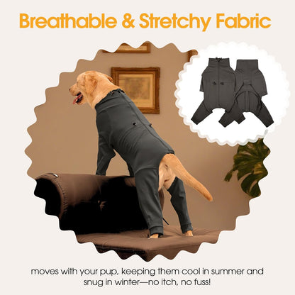 Dog Pjs for Large Breed with Zipper Back, Adjustable Long Sleeve Dog Recovery Suit for Dogs After Surgery, Soft Pet Shedding Suit E-Collar Alternative for Labrador, Golden Retriever, Grey 2XL