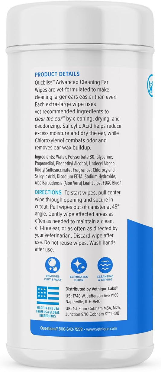 Vetnique Oticbliss Advanced Cleaning Ear Wipes for Dogs for Odor Control, Dirt and Wax Removal with Soothing Aloe Vera, Salicylic Acid & Vitamin E, (Ear Cleaning Wipes, Advanced Cleaning Large)