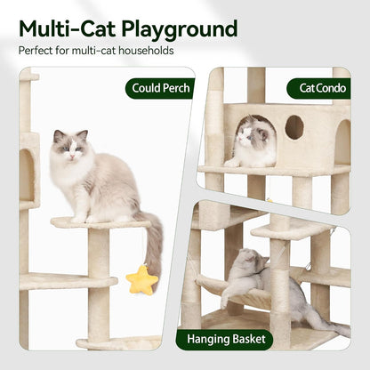 85inch Heavy Duty Cat Tree for Indoor Cats Large Adult, Tall Giant Cat Tower with Scratching Post, Large Perches, Cozy Cat Condos & Hanging Hammocks, Beige