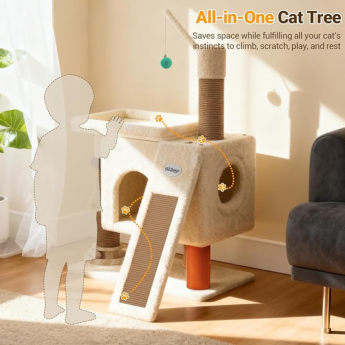 PetDance 37in All-in-1 Small Cat Tree for Indoor Cats | Space-Saving Cat Tower with Cozy Condo, Cat Window Perch, Sisal Scratching Posts, Interactive Ball Track Toy & Self-Grooming Brush,Beige