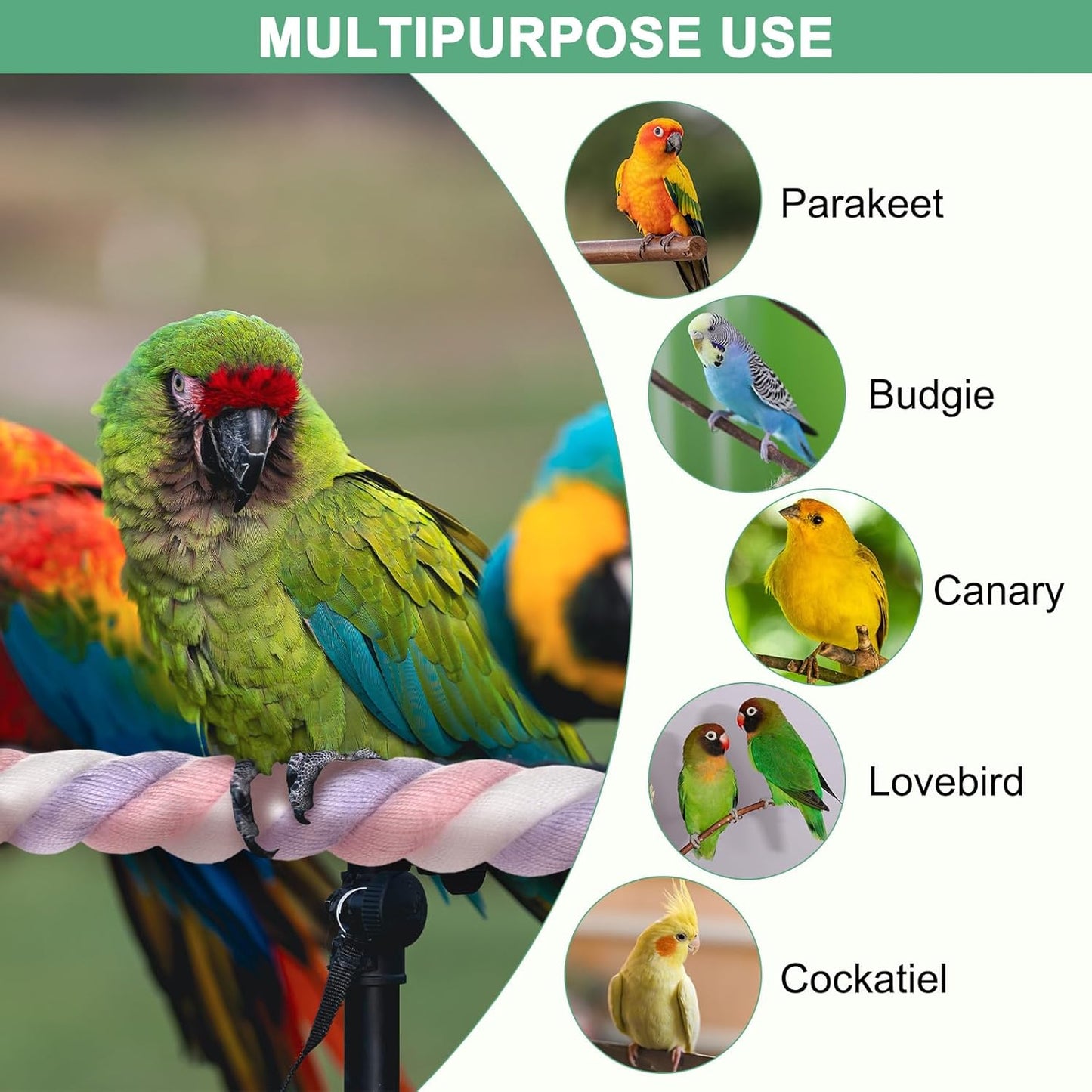 2-Pack Rope Perches for Bird Cages, 13.8 in Length Comfort Grip Flexible Rope Perch Beak & Paw Grinding for Parrots/Cockatiels/Parakeets, Bird Platform Sand [Pink Purple]