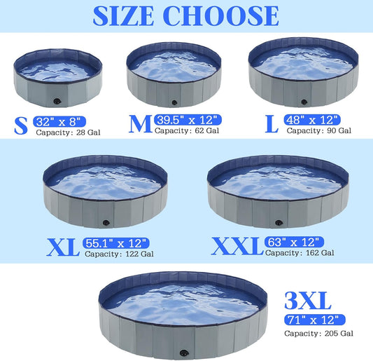 Foldable Dog Bath Swimming Pool 63'' Plastic Kiddie Pool Professional Tub Collapsible Grooming Bathtub for Pets Kids Baby and Toddler, 63 x 12 Inches Gray