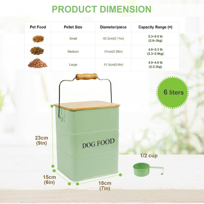 Dog Food storage container Dog Treats Jar,5~6 lb Metal food treats tin for Dog, pet snacks Canisters with wooden lid/handle/sevice scoop-Green