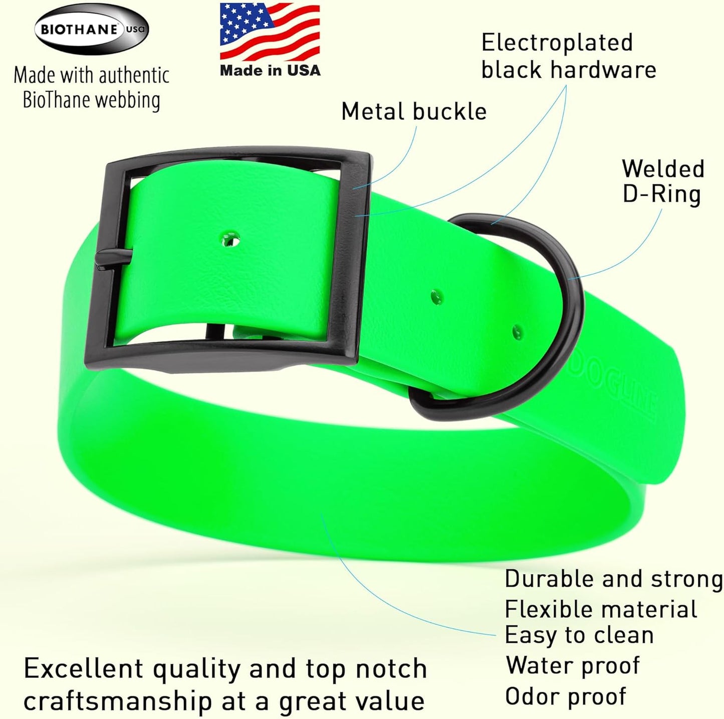 Dogline Biothane Waterproof Dog Collar Strong Coated Nylon Webbing with Black Hardware Odor- Proof for Easy Care Easy to Clean High Performance Fits Small Medium or Large Dogs, Tropical Green