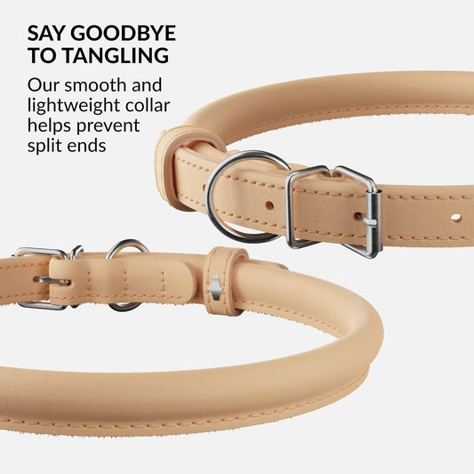 CollarDirect Rolled Leather Dog Collar, Soft Padded Round Puppy Collar, Handmade Genuine Leather Collar Dog Small Large Cat Collars 13 Colors (6 Inch, Beige Smooth)