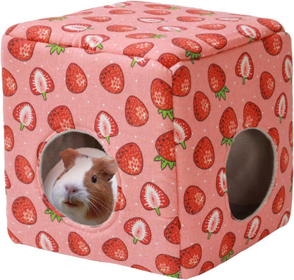 JSPYFITS Guinea Pig Hideout, Washable Guinea Pig House Cozy Small Pet Bed for Small Animal Bunny/Rabbit/Hamster/Chinchilla Accessories Pink Strawberry