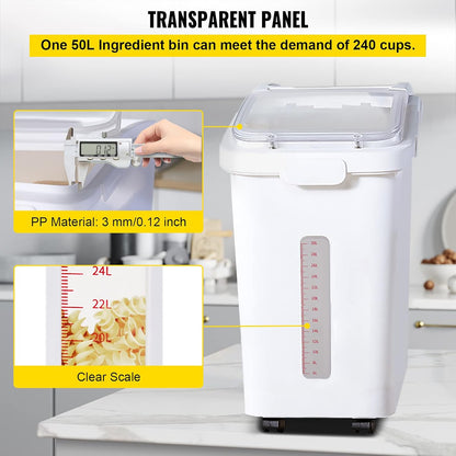 VEVOR Ingredient Storage Bin, 11.4 Gallon Capacity Shelf Ingredient Bin, 280 Cup Flour Bins on Wheels Commercial Prosave Shelf-storage Ingredient Bin with Lid and Scoop Rice Bin for Kitchen White