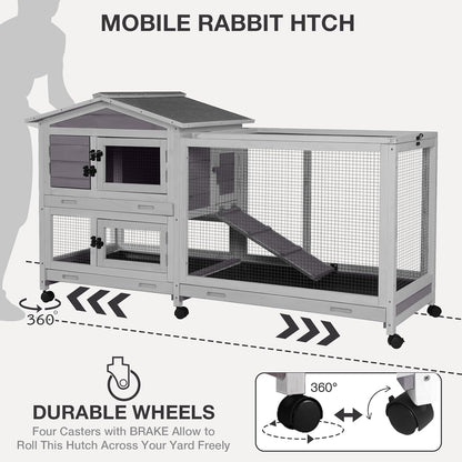 2-Story Indoor Rabbit Hutch with Chew-Proof Outdoor Rabbit Cage with 6 Locking Casters Bunny Cage 2 Pull-Out Trays Guinea Pigs Cage 62"