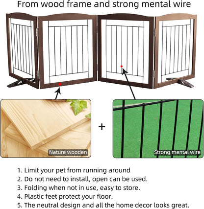 ZJSF Freestanding Dog Fence Indoor, Foldable Dog Gate for Doorways, Stairs or Hallways, Sturdy Wood Extra Wide Pet Gate with Support Feet for The House, Brown, 24 "Height-4 Panels
