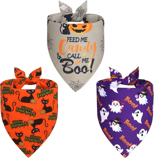 Halloween Dog Bandanas Large 3PCS, 6 Pattern Fall Scarf for Boy and Girl, Triangle Reversible Bibs Breed for Puppy Pets