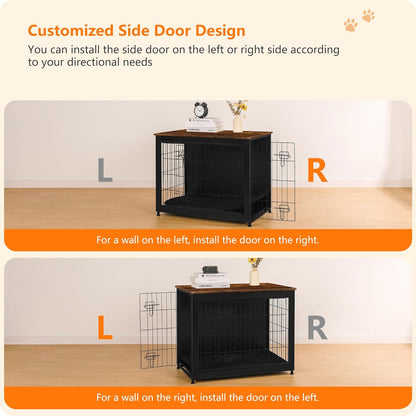DWANTON Dog Crate Furniture with Cushion, Wooden Kennel Table with Double Doors, Indoor Dog House, Medium Size, 32.5" L, Black+Rustic Brown