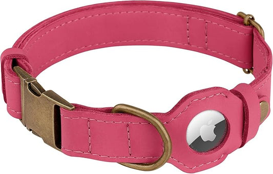 AirTag Dog Collar - Genuine Leather Dog Collar with Apple AirTag Holder and Metal Buckle - Smart GPS Tracking Pet Collars (Pink, XS, 9"-12" Neck Fit)