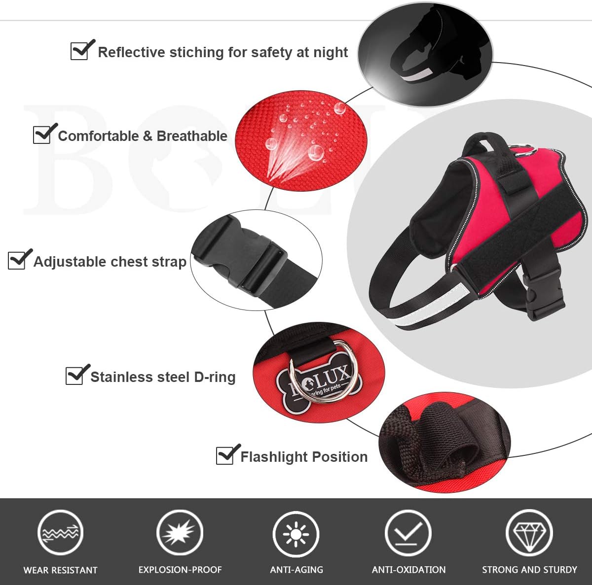 Bolux Dog Harness, No-Pull Reflective Dog Vest, Breathable Adjustable Pet Harness with Handle for Outdoor Walking - No More Pulling, Tugging or Choking (Red, XS)